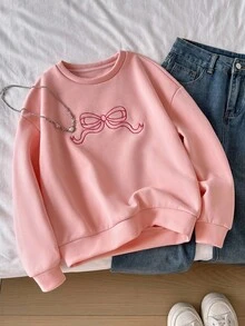 SHEIN 粉色少女运动衫，带刺绣蝴蝶结，保暖内衬 - 粉色 - 查看 5