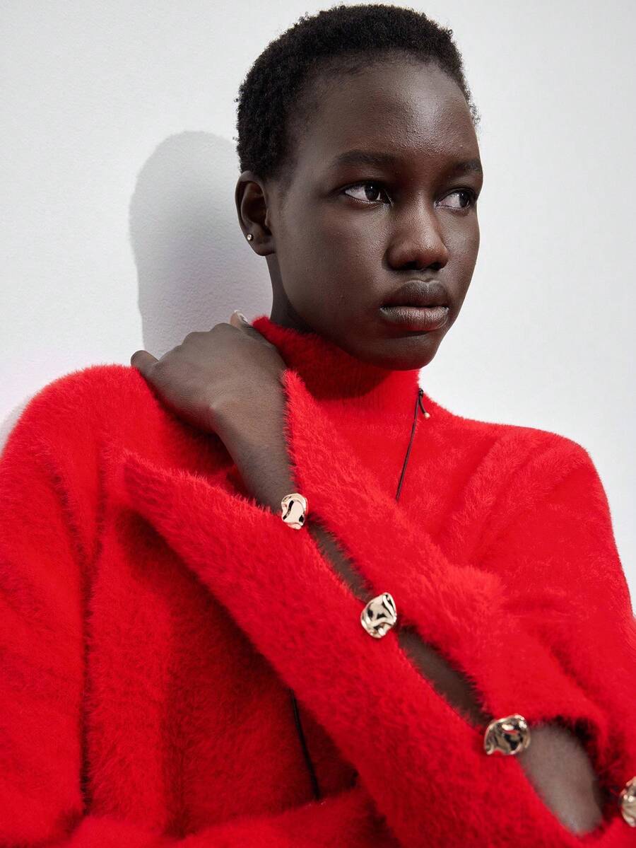 Maija Pulover cu guler înalt și mânecă lungă, cu decor metalic cu cataramă, toamnă/iarnă - roșu - Vizualizare 1