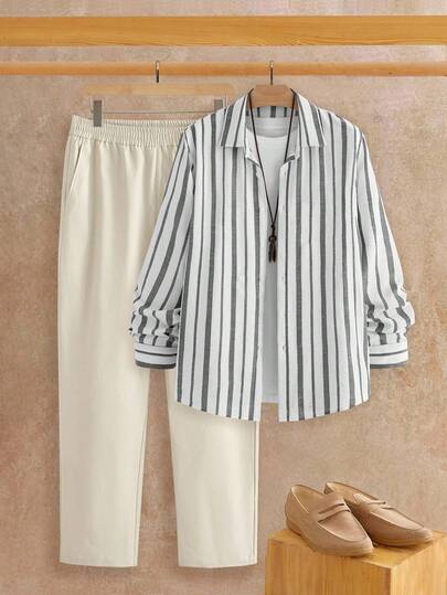 HIMLAND Conjunto de camisa de manga larga con cuello y rayas azul marino y pantalones largos de cintura elástica de algodón sintético para hombre, casual, de negocios, de vacaciones y de fiesta, para otoño/invierno