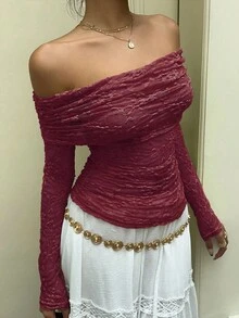 SHEIN Unity Autumn Off Shoulder Puff Ruffle Lace Fabric Sheer Long Sleeve Top - Red - View 6