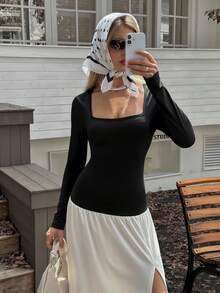 Elyressa 女士优雅百搭黑白拼接拼色开叉下摆修身连衣裙，适合日常通勤 - 彩色 - 查看 6