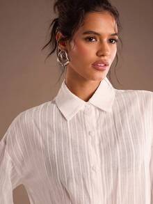 Glamine Elegant Textured Oversized Long Sleeve Women's Shirt,Minimalist Summer All White Chic Everyday Cotton Blouse Solid Button Up Drop Shoulder Top - White - View 7