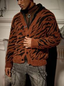 Manfinity Roghcode Lässige, locker sitzende Knopf-Vorder Langarm Strickjacke für Herren, Herbst Winter - Braun - Übersicht 4