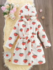 女童舒适柔软白色草莓印花长袖连帽长袍家居服 - 白色 - 查看 3