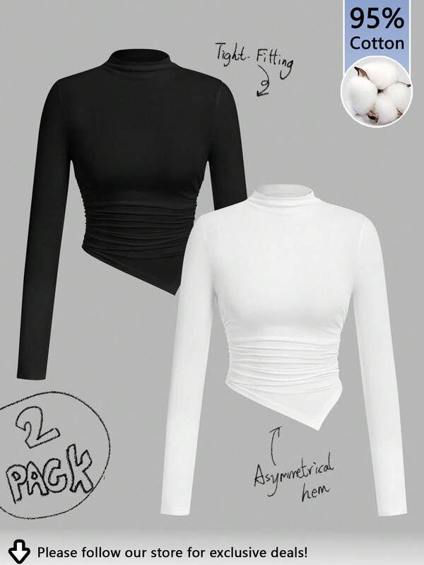 Tseoso Conjunto de 2 peças de camiseta de manga comprida com gola falsa e bainha assimétrica, outono/inverno, 95% algodão, sexy, elegante, dinheiro antigo, dinheiro novo, casual slim fit feminino, vintage, softgirl, casa, volta às aulas, outono feminino