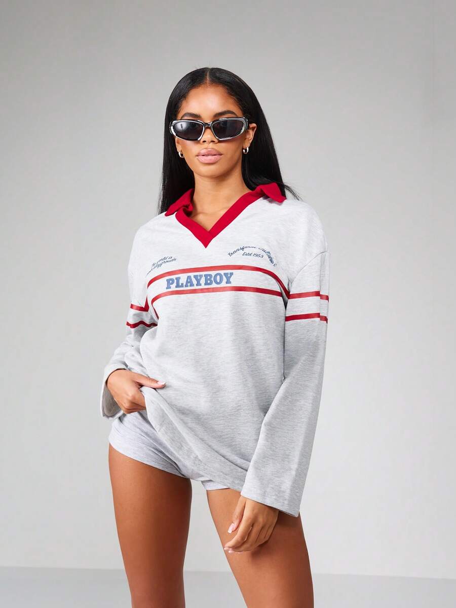 Missguided x Playboy Vestido mini de manga larga con cuello en V, estilo universitario, de longitud mini, ajuste relajado, para uso casual y de descanso en invierno y otoño - Gris Claro - Ver 1