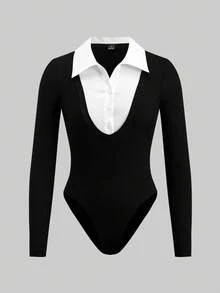 SHEIN EZwear 休闲简约办公室修身白领紧身衣，二合一女式衬衫领紧身衣，百搭款式，适合秋冬办公室穿着 - 彩色 - 查看 5