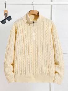 SHEIN Teens Boys' Casual Comfortable Versatile Solid Color Turndown Collar Half Zip Front Sweater