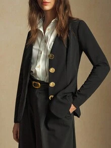 BizChic Black Metal Button Decorated V-Neck Front Open Women's Suit Jacket, Modern Urban Elegant Romantic Office Commute Business Casual Workwear, Suitable For Formal Occasions, Office, Wedding Guest, Party, Performance, Daily Wear Work Outfits For Women Office Outfits For Women - Black - View 4