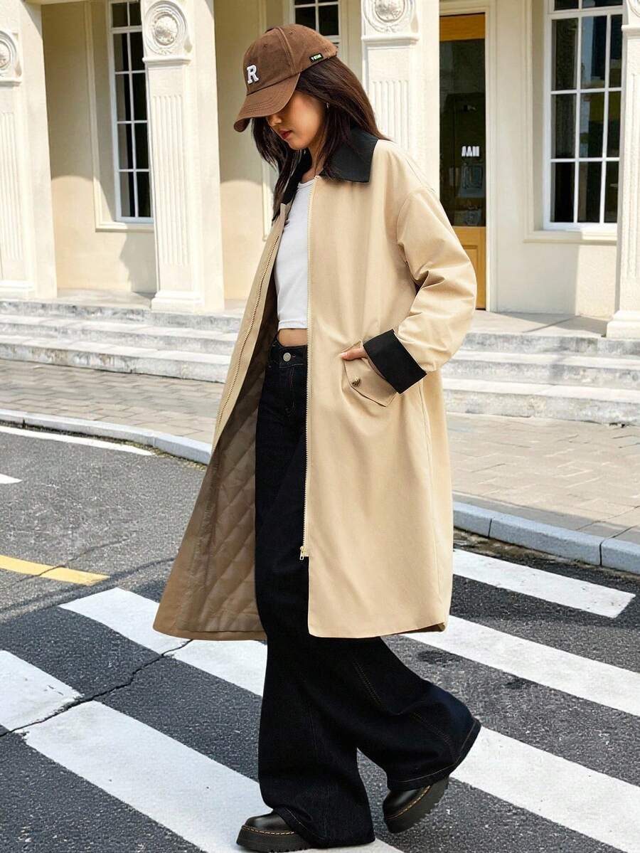 Teen GirlCasual All-Match Versatile School/Commute Street Style Contrast Color Lapel Mid-Length Padded Coat, Autumn/Winter Fall - Khaki - View 1