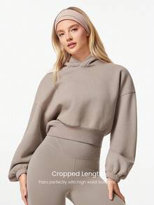 GLOWMODE Everyday Fleece Cozy Camper Soft Lightweight Warm Relaxed Fit Cropped Hoodie Sweatshirt Autumn Winter Outdoors Daily Casual Wear - Khaki - View 3