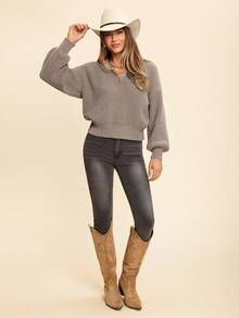 Coeurva Half Zip Drop Shoulder Grain Sweater,Long Sleeve Tops,Knitted Sweater - Brown - View 2