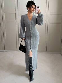 Siren Gaze 合身纽扣前开襟毛衣裙，V 领设计，独特灯笼袖，灰色 - 灰色 - 查看 7