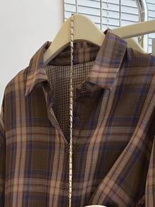 INAWLY Plus Size Casual Loose Plaid Shirt, Flattering - Coffee Brown - View 6