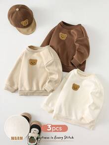 Cozy Pixies 3 pezzi Set di felpe in pile con collo a giro, maniche lunghe e motivo a orsetto cartoni animati, morbido, per bambini maschi/femmine in autunno/inverno