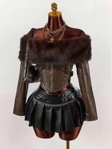 Y2K Amplova 女士单肩皮革皮草长袖性感百搭飞行员夹克棕色皮草上衣皮草束身衣皮革上衣深棕色上衣 - 卡其色 - 查看 4