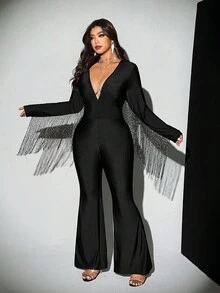 Viva Relle Plus Size V-Neck Shiny Fabric Top With Fringe Sleeve Decor, Fitted Flare Leg Jumpsuit, Suitable For Daily Wear, Festivals, Parties