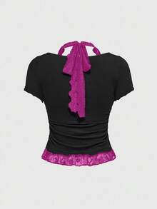 ROMWE Grunge Punk Punk Bro Letter Rhinestone & Lace Patchwork Crew Neck Fitted Women T-Shirt - Black - View 2