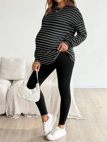 SHEIN 2件套孕妇休闲条纹上衣和紧身裤套装，秋季 - 黑色 - 查看 6
