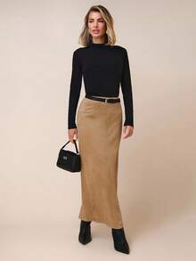 COSMINA 女士纯色半身裙，适合通勤 - 棕色 - 查看 3