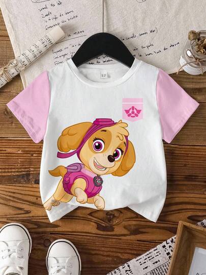 SHEIN | PAW Patrol T-shirt à manches courtes avec imprimé chien de dessin animé, couleurs contrastées, pour jeune fille, décontracté, pour les trajets quotidiens, été