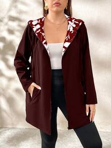 SHEIN Clasi Reversible Plus Size Jacket, One Side Printed Black & White, One Side Solid Color, Suitable For Autumn/Winter - Burgundy - View 4