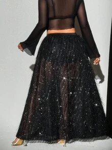 Viva Relle Plus Size Fashionable Sexy Fringed Sheer Skirt - Black - View 3
