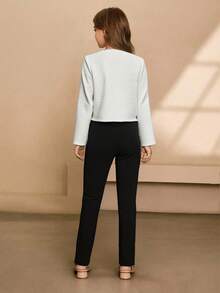 青少年女孩简约时尚圆领插肩长袖短款修身可拆卸蝴蝶结粗花呢夹克和松紧腰纯色修身裤套装 - 白色 - 查看 2