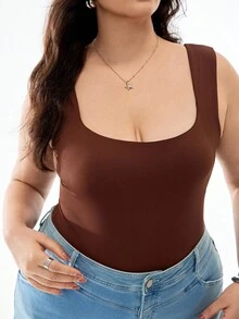 Solavibe Plus Size Round Neck Fitted Camisole Vest, Casual Basic Summer Wear - Brown - View 5