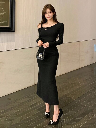 DAZY Women's Open Shoulder Midi Bodycon Dress, Autumn & Winter Elegant