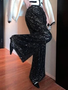 DAZY 女士优雅亮片装饰直筒裤，休闲百搭，适合新年、圣诞节、婚礼、派对、秋冬嘉年华等场合 - 黑色 - 查看 2