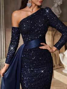 Aureia 优雅、浪漫、海军蓝、亮片面料、缎面拼布、褶饰、不对称肩部、长袖、鱼尾下摆、时尚、网红、节日、度假、生日派对、婚礼活动、正式晚宴礼服 - 藏蓝色 - 查看 3