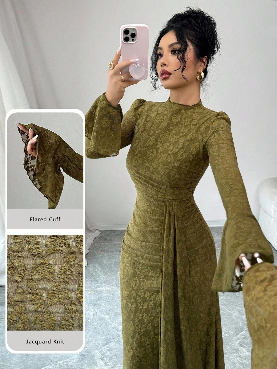 Modelyn French Design Lace High Neck Tie Waist Ruched Slim Fit Dress For Women - Olive Green - View 1