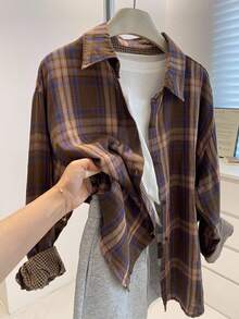 INAWLY Plus Size Casual Loose Plaid Shirt, Flattering - Coffee Brown - View 3