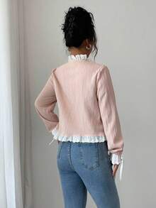 Elenzga Women's Elegant Contrast Color Lace Trim Jacket, Autumn - Pink - View 2