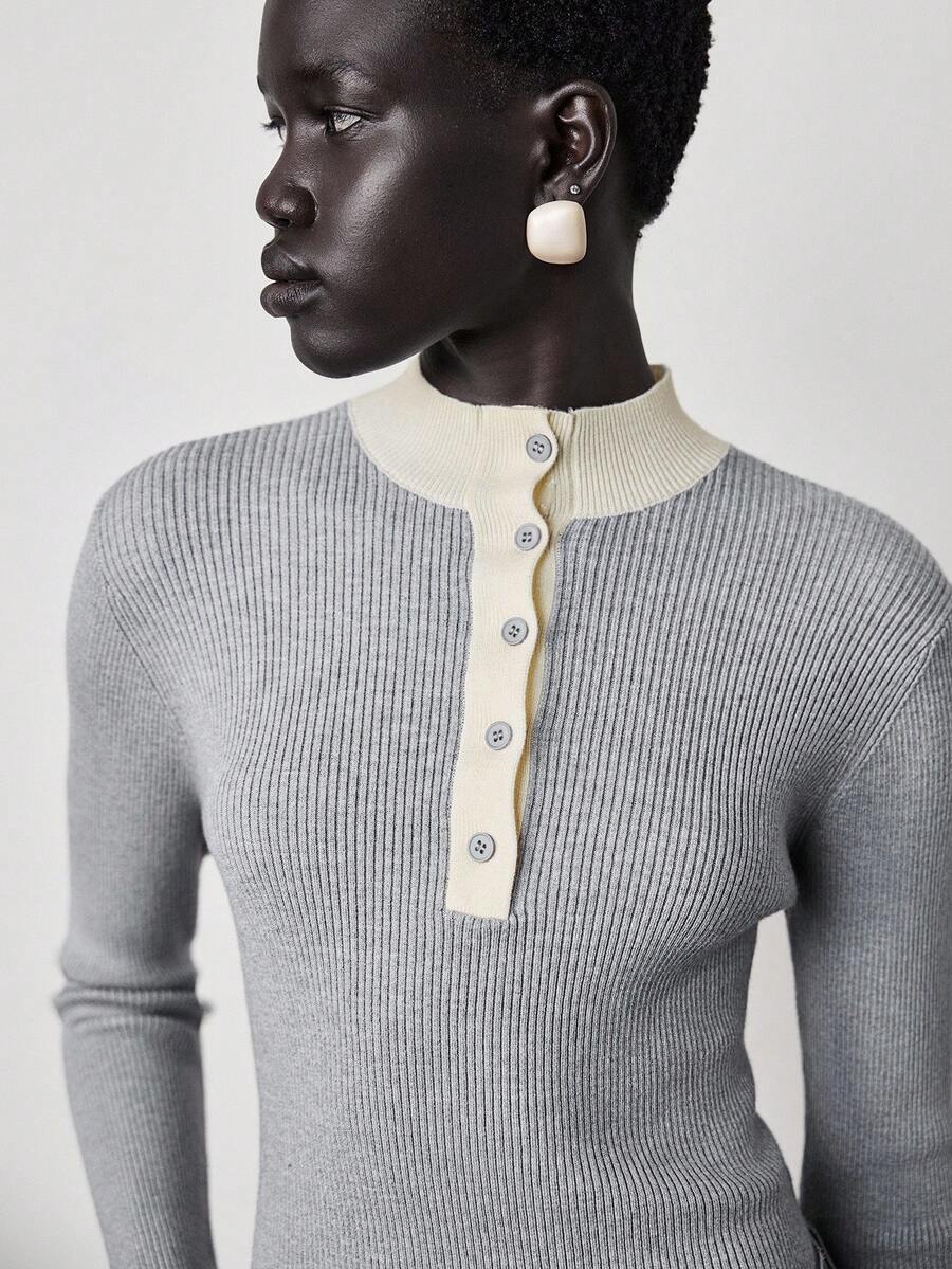 Lumivelle 撞色单排扣圆领针织长袖套头衫 - 灰色 - 查看 1