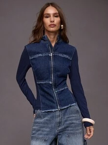MUSERA 修身牛仔拉链夹克，前片做旧处理，针织袖，适合秋冬季夜间外出、街头风、可爱返校季、性感休闲风、春夏穿着。 - 深色水洗藍 - 查看 1