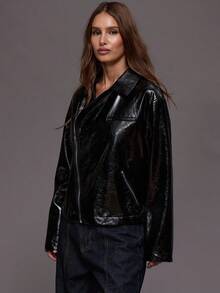 MUSERA Faux Leather Asymmetric Zip Through Collared Jacket Winter Night Out Going Out Streetwear Cute Back To School Sexy Uncut - Black - View 3