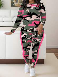 Maweii Plus Size Fashionable Camouflage Print Casual Women Long Sleeve Top And Pants 2 Pieces Set Fall - Black - View 3