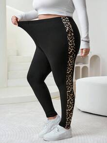 SHEIN CURVE+ 大码女款远红外发热面料休闲日常豹纹弹力紧身裤秋冬 - 黑色 - 查看 9