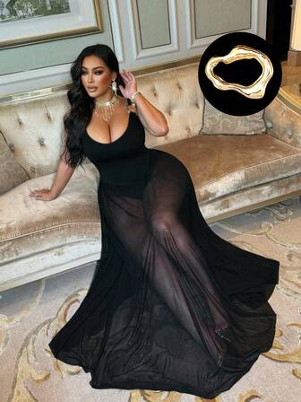 NU&NOW 大码时尚性感金属点缀透视连衣裙