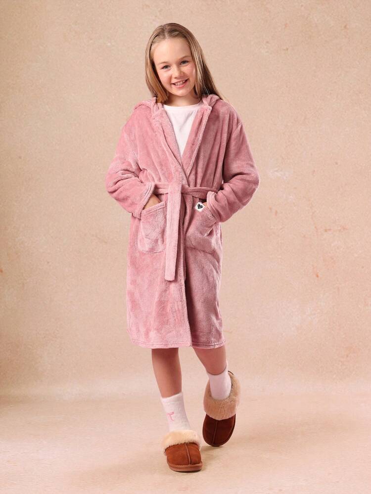 Plüsch-Fleece-Bademantel mit Kapuze und Gürtel