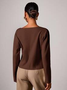 COSMINA Cardigan feminino elegante com botões de metal e decote em V, outono/inverno - Castanho Café - Ver 2
