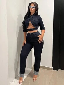 SHEIN Unity 女式短袖单排扣时尚性感牛仔上衣 - 藍色 - 查看 2