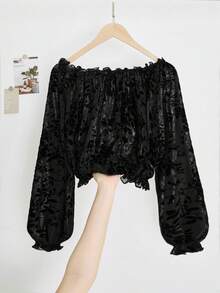 GlowEve Women's Fashionable & Elegant Jacquard Flocked Mesh Off Shoulder Lantern Sleeve Long Sleeve Cropped Top - Black - View 1