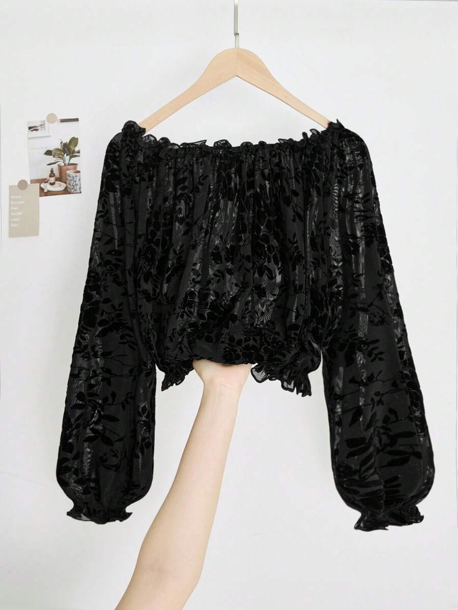 GlowEve Women's Fashionable & Elegant Jacquard Flocked Mesh Off Shoulder Lantern Sleeve Long Sleeve Cropped Top - Black - View 1