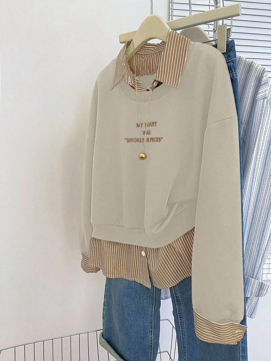 INAWLY 休闲通勤简约百搭长袖宽松女式运动衫 - 卡其色 - 查看 1