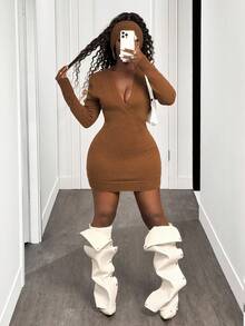 BamGleam Women's Deep V-Neck Long Sleeve High Collar Fitted Casual Knit Sweater Dress, Autumn/Winter