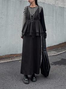 FRIFUL Vestido midi sin mangas con volantes en el bajo de unicolor para mujer - Negro - Ver 2