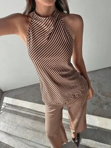 Aloruh 女式性感条纹露背吊带上衣和长裤两件套，夏季 - 咖啡棕 - 查看 4
